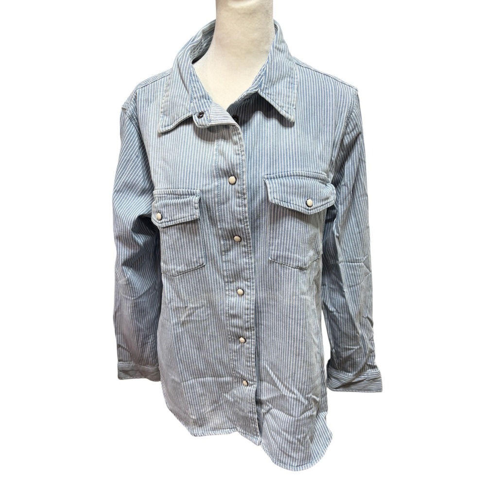 Velvet Heart‎ Blue White Striped Denim Western Snap Button Down Shirt Med #K1